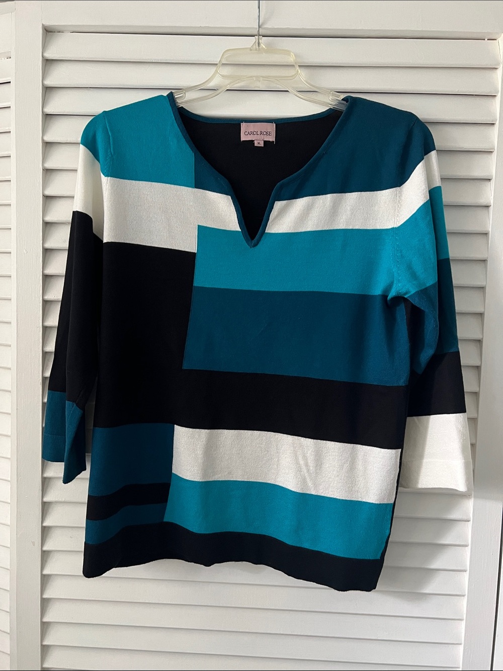 Carol Rose Teal, Black & White Striped Notch V-Neck Tunic sizeXL